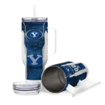 customized byu cougars hexagon armor blue curved tumbler best selling.webp
