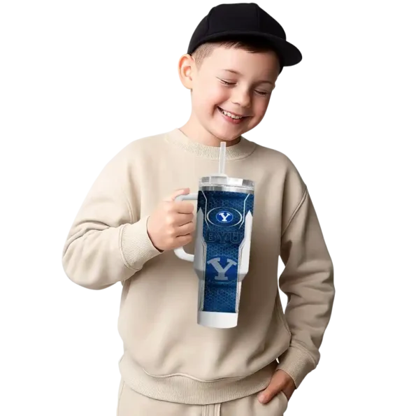 customized byu cougars hexagon armor blue curved tumbler latest model.webp