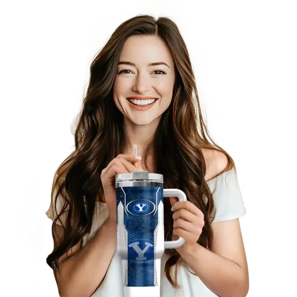 customized byu cougars hexagon armor blue curved tumbler premium grade.webp