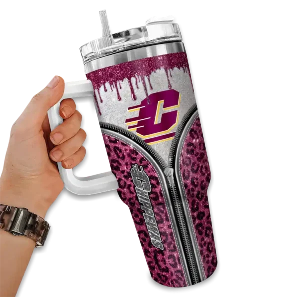 customized central michigan chippewas leopard zipper maroon curved tumbler fashion forward.webp
