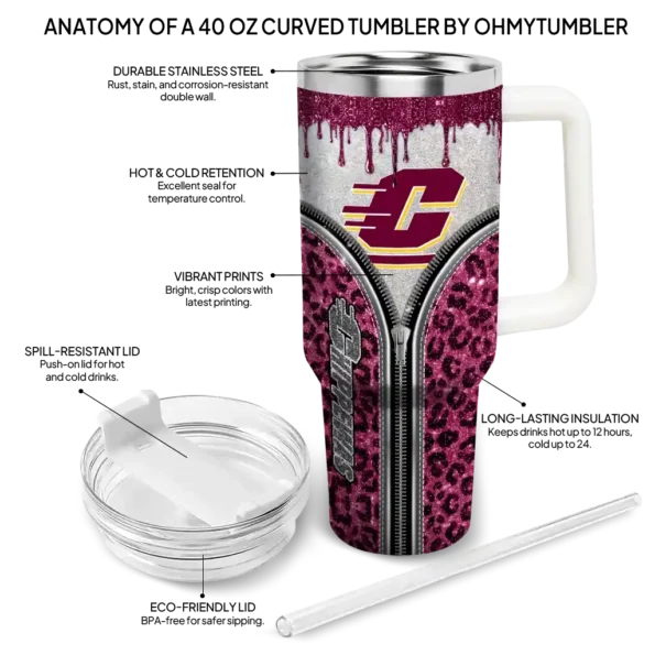 customized central michigan chippewas leopard zipper maroon curved tumbler new arrival.webp