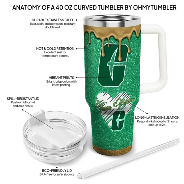 customized charlotte 49ers heart helmet motif green curved tumbler new arrival.webp