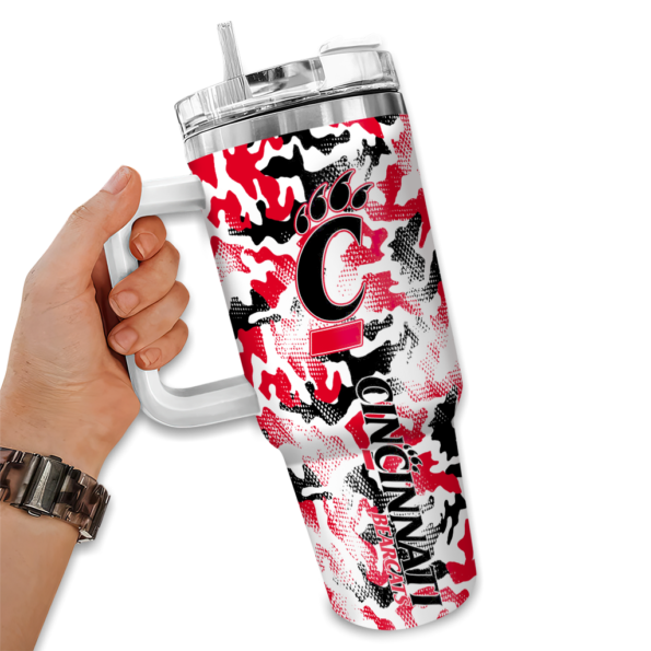 customized cincinnati bearcats camo mashup red white curved tumbler fashion forward.webp