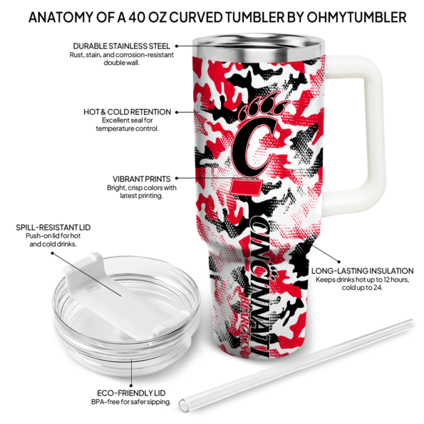 customized cincinnati bearcats camo mashup red white curved tumbler new arrival.webp