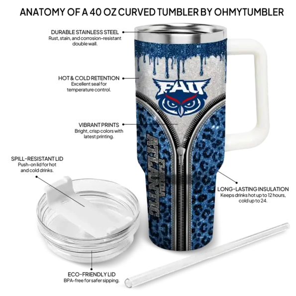 customized florida atlantic owls leopard zipper blue curved tumbler new arrival.webp