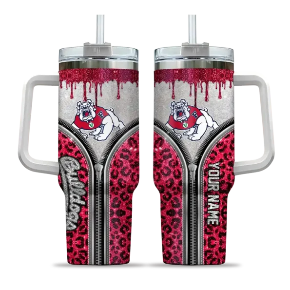customized fresno state bulldogs leopard zipper red curved tumbler best selling.webp