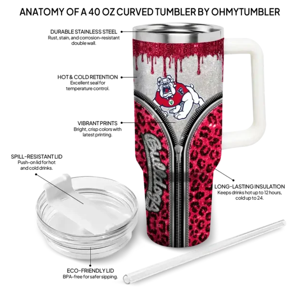 customized fresno state bulldogs leopard zipper red curved tumbler new arrival.webp