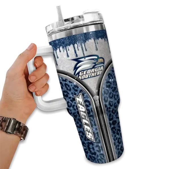 customized georgia southern eagles leopard zipper blue curved tumbler fashion forward.webp