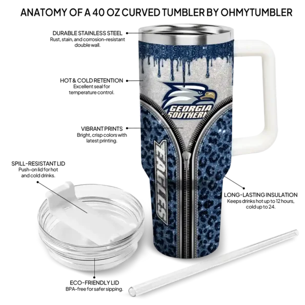 customized georgia southern eagles leopard zipper blue curved tumbler new arrival.webp