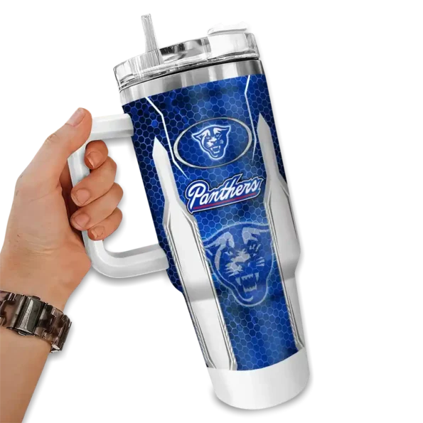 customized georgia state panthers hexagon armor blue curved tumbler fashion forward.webp