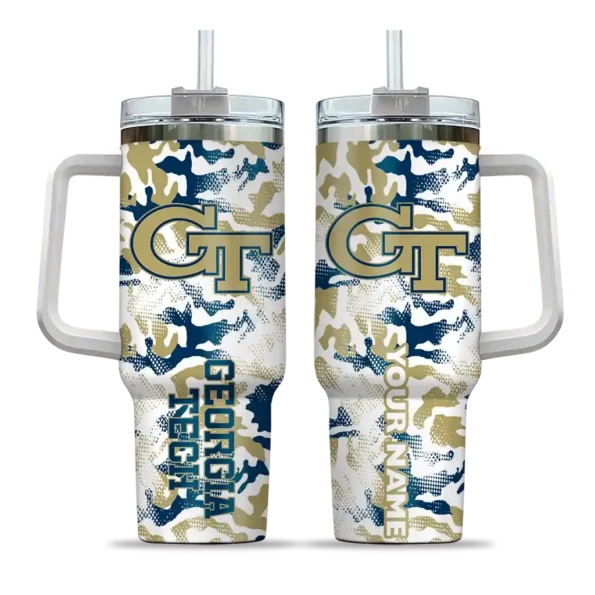 customized georgia tech yellow jackets camo mashup gold white curved tumbler best selling.webp