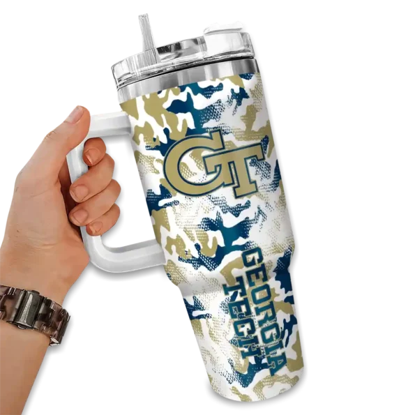 customized georgia tech yellow jackets camo mashup gold white curved tumbler fashion forward.webp