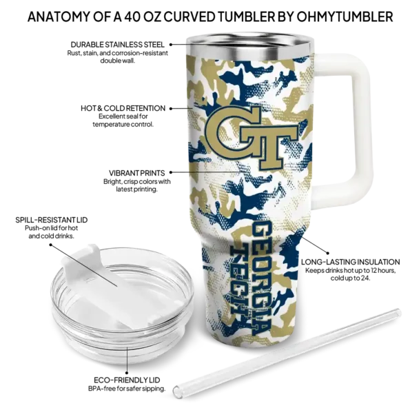customized georgia tech yellow jackets camo mashup gold white curved tumbler new arrival.webp