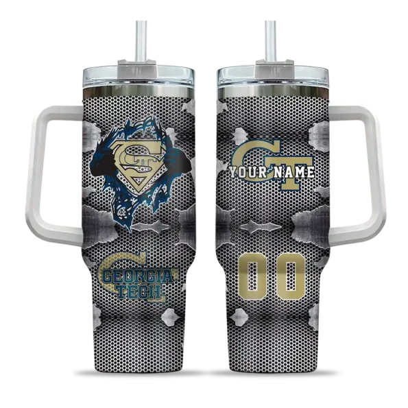 customized georgia tech yellow jackets superman shield gold gray curved tumbler best selling.webp