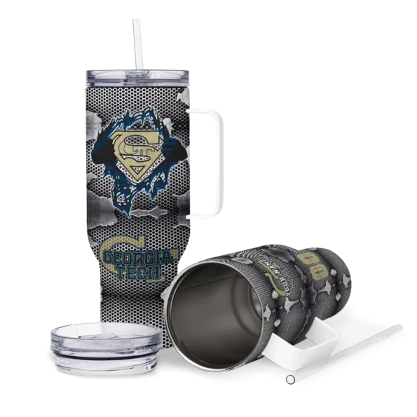 customized georgia tech yellow jackets superman shield gold gray curved tumbler high quality.webp