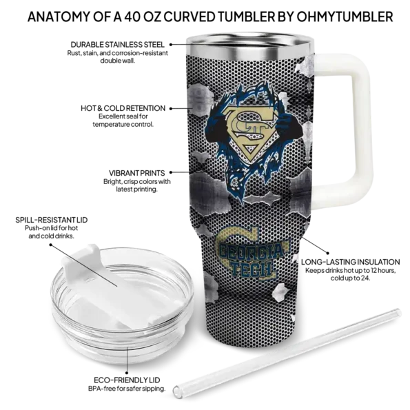 customized georgia tech yellow jackets superman shield gold gray curved tumbler new arrival.webp