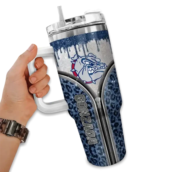 customized gonzaga bulldogs leopard zipper blue curved tumbler fashion forward.webp