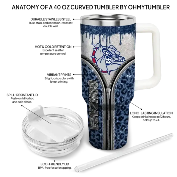 customized gonzaga bulldogs leopard zipper blue curved tumbler new arrival.webp