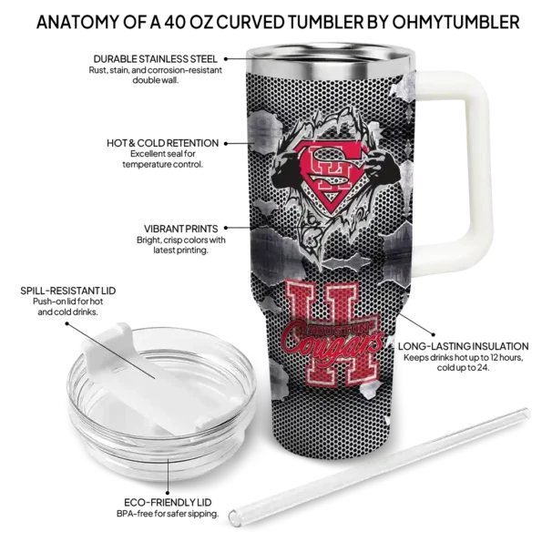 customized houston cougars superman shield red gray curved tumbler new arrival.webp