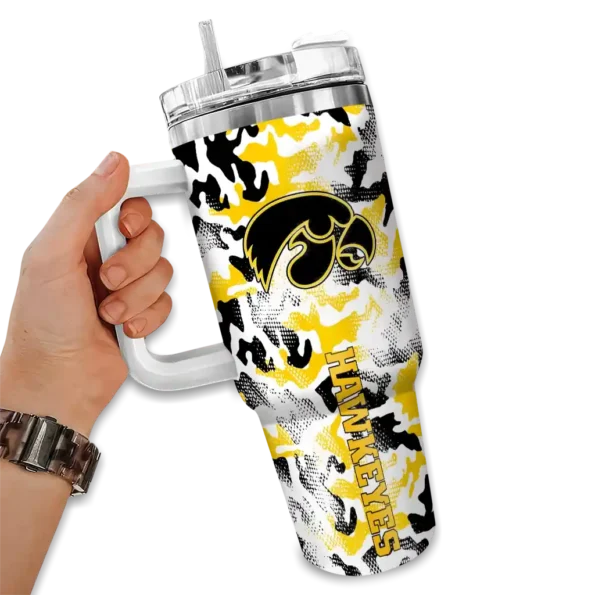 customized iowa hawkeyes camo mashup black white curved tumbler fashion forward.webp