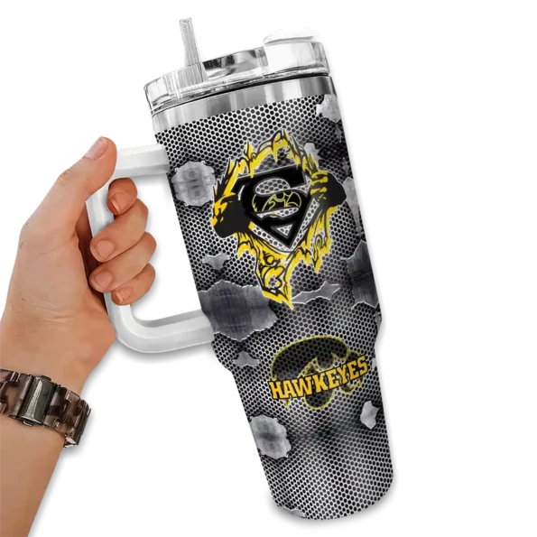customized iowa hawkeyes superman shield black gray curved tumbler fashion forward.webp