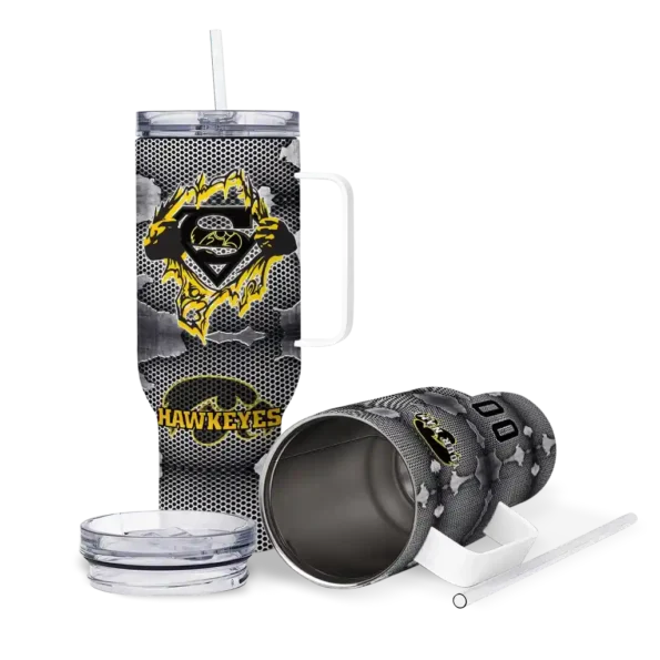 customized iowa hawkeyes superman shield black gray curved tumbler high quality.webp