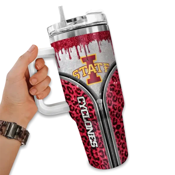 customized iowa state cyclones leopard zipper red curved tumbler fashion forward.webp