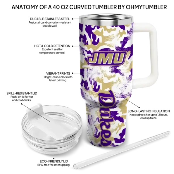 customized james madison dukes camo mashup purple white curved tumbler new arrival.webp