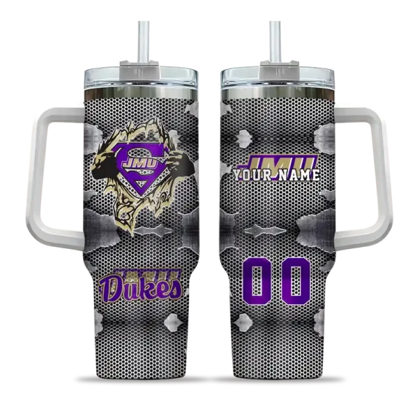 customized james madison dukes superman shield purple gray curved tumbler best selling.webp