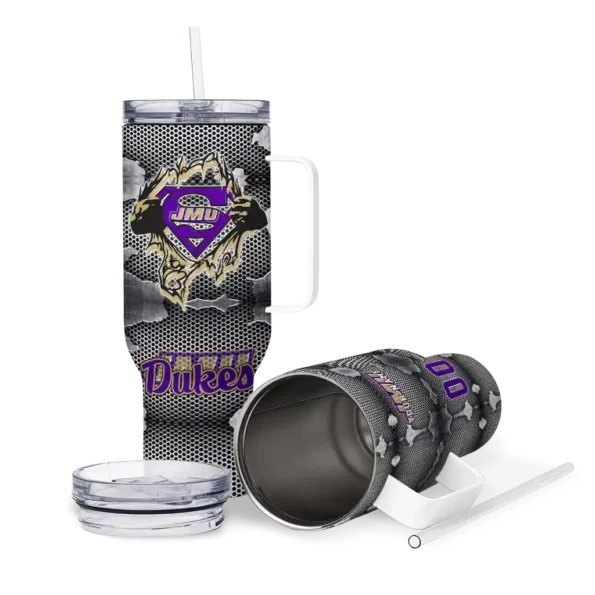customized james madison dukes superman shield purple gray curved tumbler high quality.webp