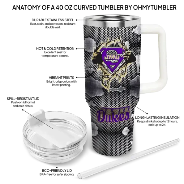 customized james madison dukes superman shield purple gray curved tumbler new arrival.webp