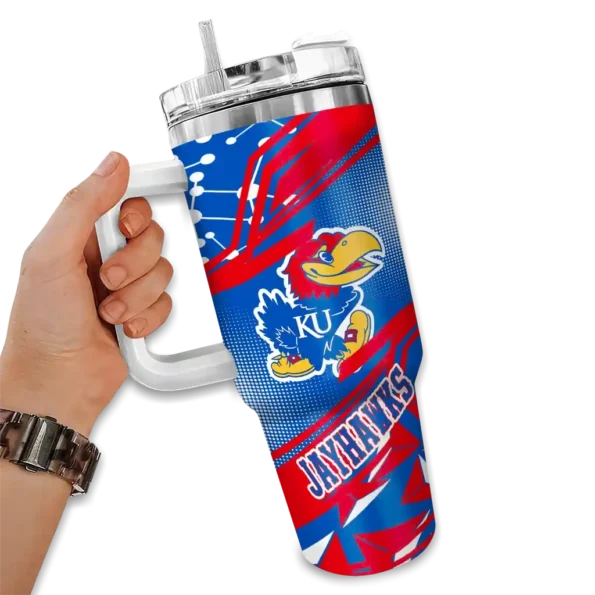 customized kansas jayhawks abstract paths blue curved tumbler fashion forward.webp