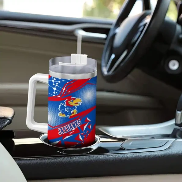 customized kansas jayhawks abstract paths blue curved tumbler trendy.webp