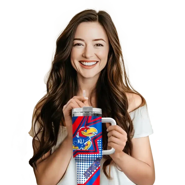 customized kansas jayhawks arrow burst blue curved tumbler premium grade.webp