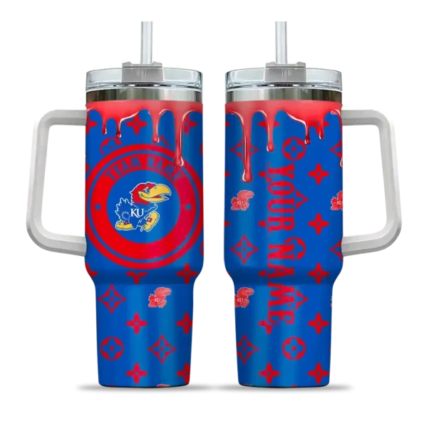 customized kansas jayhawks bullseye drips blue curved tumbler best selling.webp