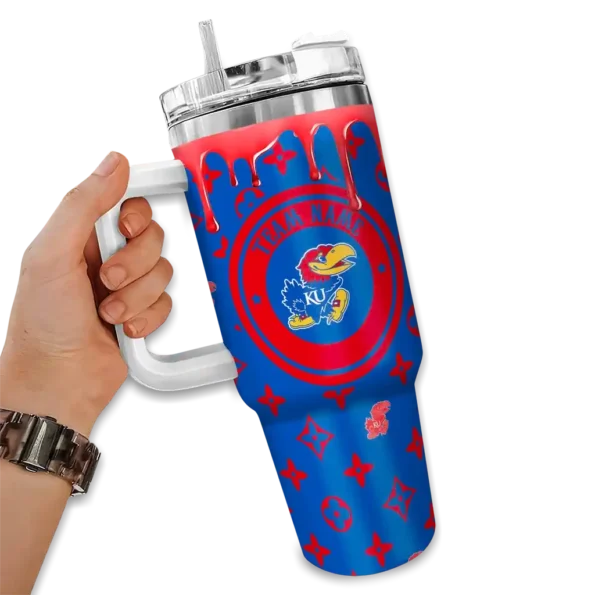 customized kansas jayhawks bullseye drips blue curved tumbler fashion forward.webp