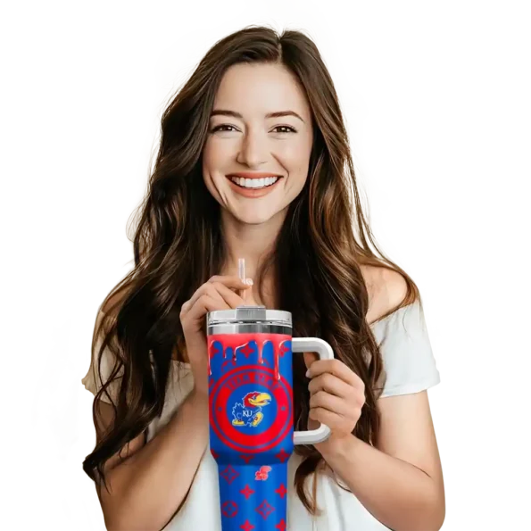 customized kansas jayhawks bullseye drips blue curved tumbler premium grade.webp