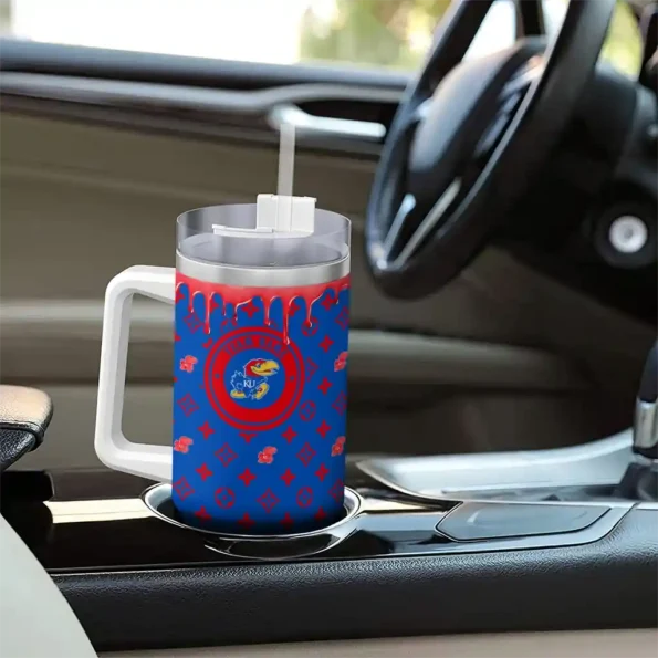 customized kansas jayhawks bullseye drips blue curved tumbler trendy.webp