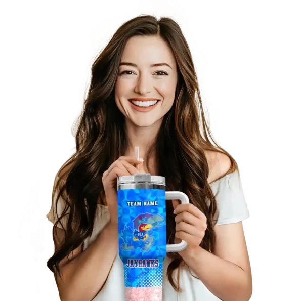 customized kansas jayhawks geometric prism blue curved tumbler premium grade.webp