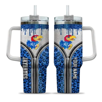 customized kansas jayhawks leopard zipper blue curved tumbler best selling.webp