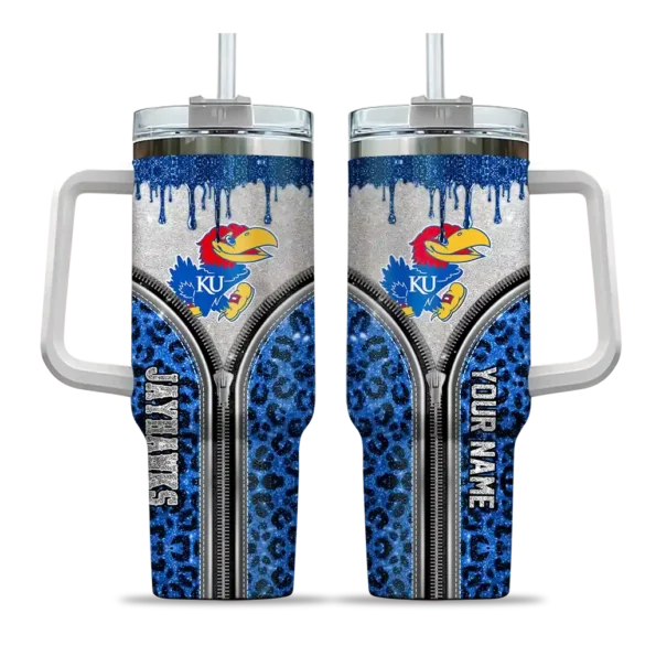customized kansas jayhawks leopard zipper blue curved tumbler best selling.webp