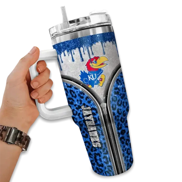 customized kansas jayhawks leopard zipper blue curved tumbler fashion forward.webp