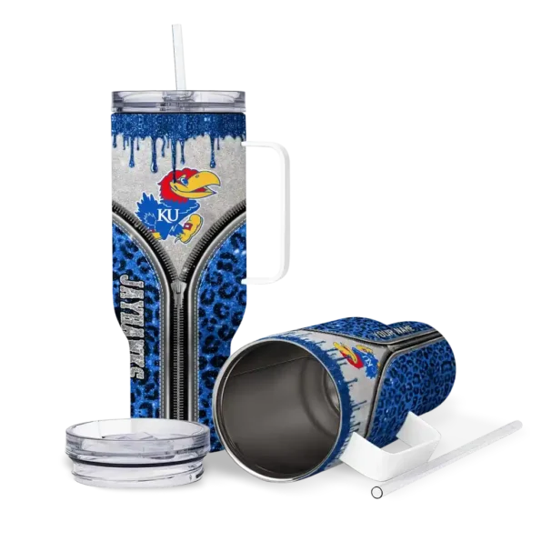 customized kansas jayhawks leopard zipper blue curved tumbler high quality.webp