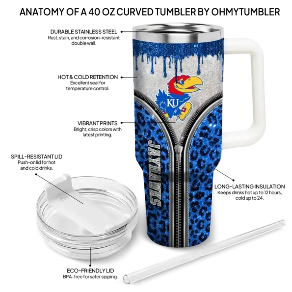customized kansas jayhawks leopard zipper blue curved tumbler new arrival.webp
