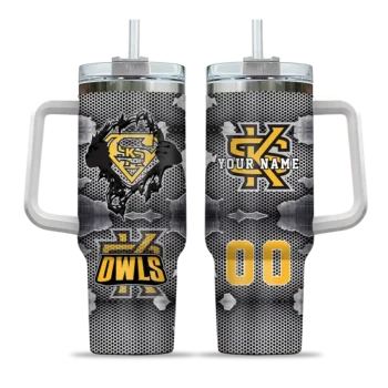 customized kennesaw state owls superman shield gold gray curved tumbler best selling.webp