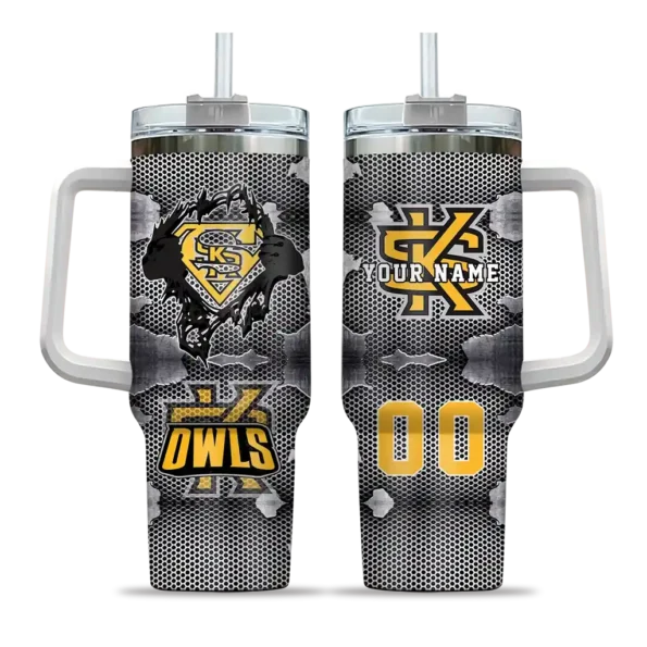 customized kennesaw state owls superman shield gold gray curved tumbler best selling.webp