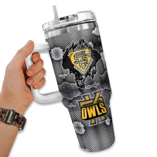 customized kennesaw state owls superman shield gold gray curved tumbler fashion forward.webp
