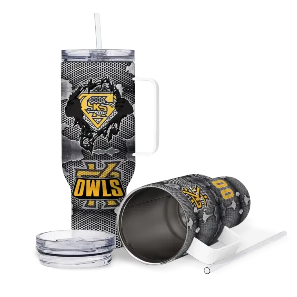 customized kennesaw state owls superman shield gold gray curved tumbler high quality.webp