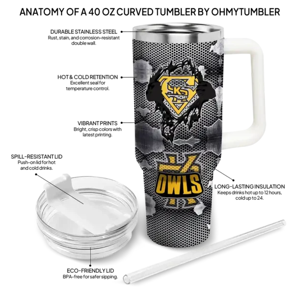 customized kennesaw state owls superman shield gold gray curved tumbler new arrival.webp