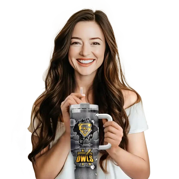 customized kennesaw state owls superman shield gold gray curved tumbler premium grade.webp